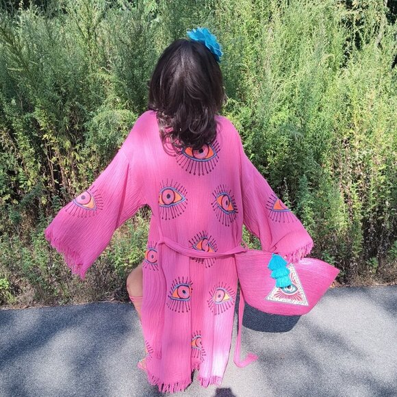 Organic Handmade 100% Cotton Pink Turkish Kimono Robe with Evil Eye Design - Picture 3 of 5